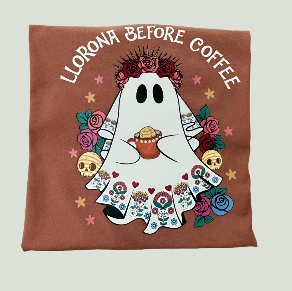"Llorona Before Coffee" Brown/Orange Shirt